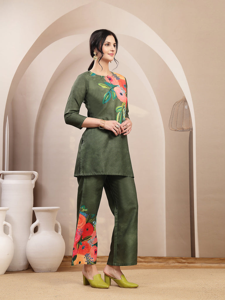 Women's Olive Hand Painted Cotton Flex Straight Co-Ord Set