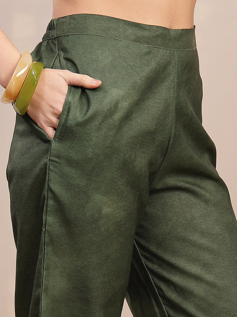 Women's Olive Hand Painted Cotton Flex Straight Co-Ord Set