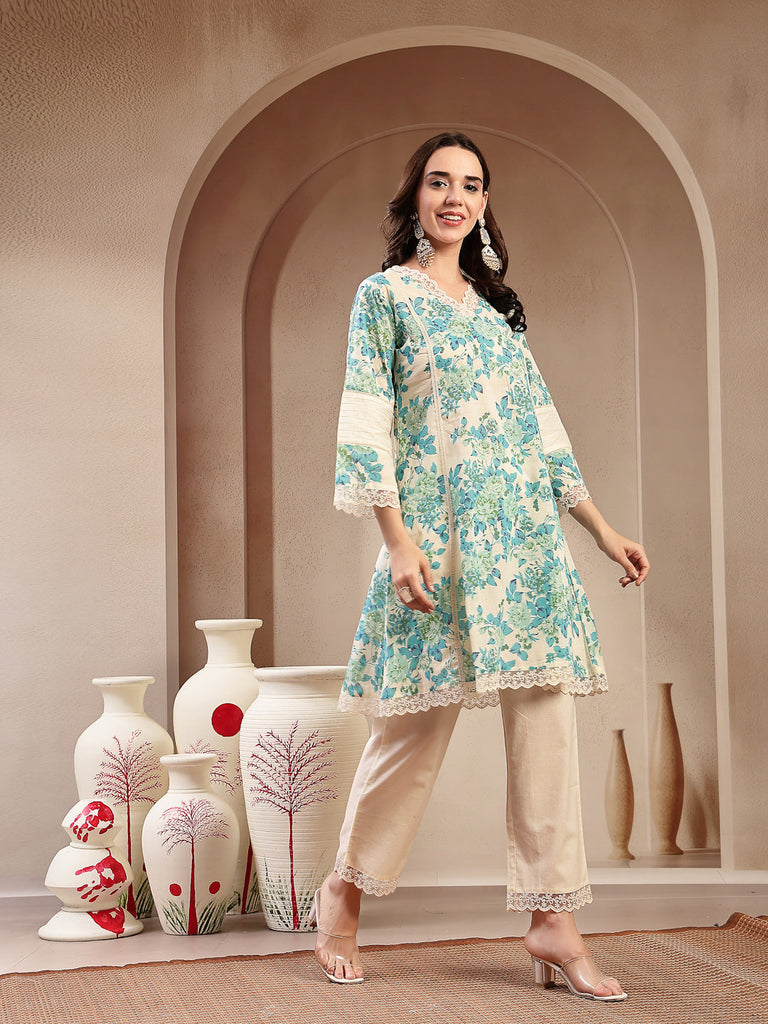 Women's Teal Floral Printed Cotton Co-Ord Set
