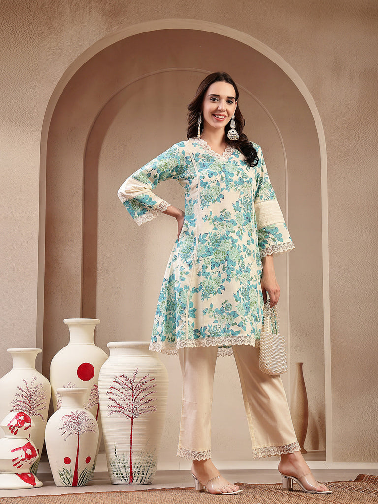 Women's Teal Floral Printed Cotton Co-Ord Set