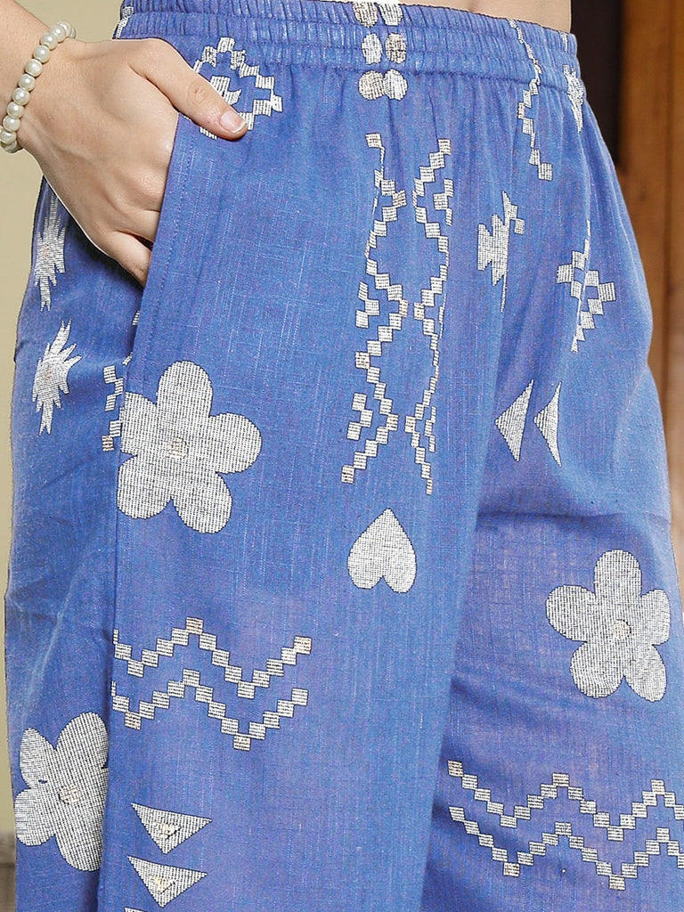 Women's Sky Blue Geomatric Printed Cotton Blend Co-Ord Set