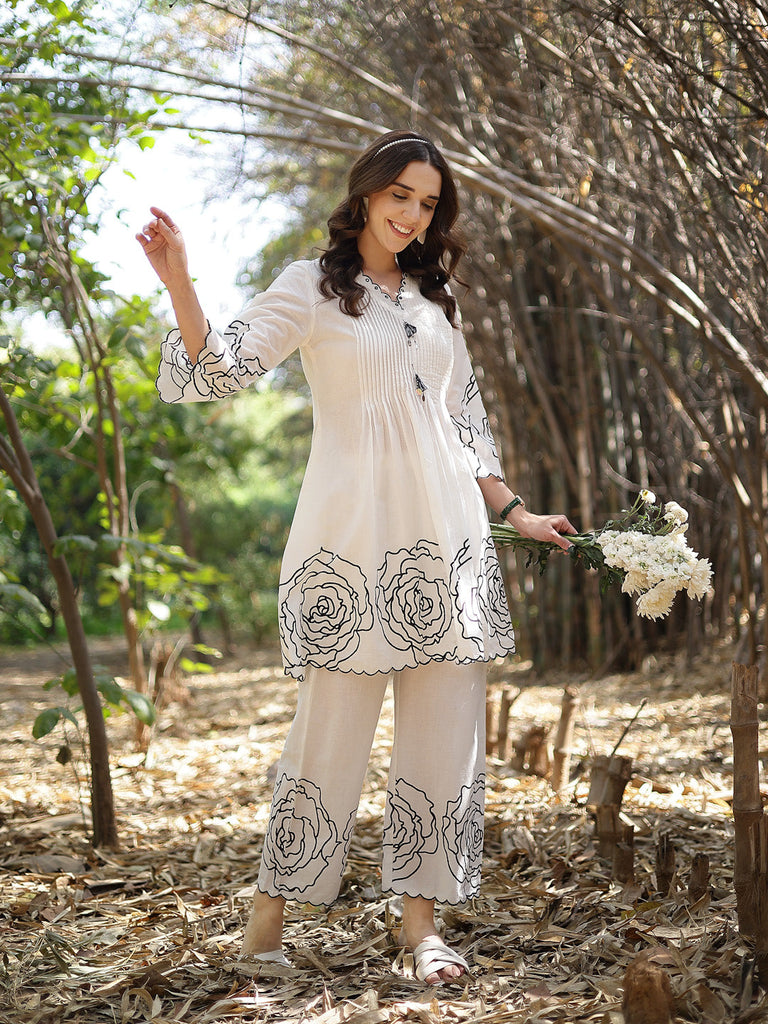 Women's White Floral & Embroidered Cotton Co-ord Set