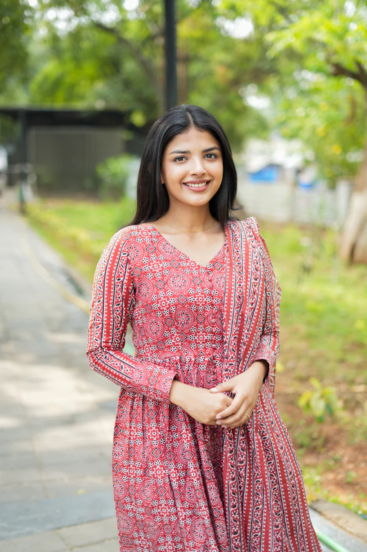 Women's Elegant Red Block Print Anarkali Dress