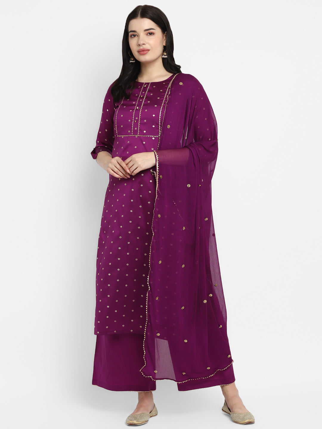 Women's Brinjal Color Polyster blend Self Design Kurta Pant With Dupatta