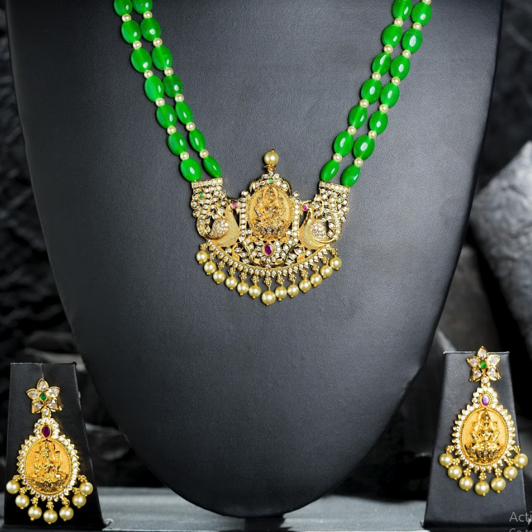 Women's Green Beads Chain Set Gold Plated