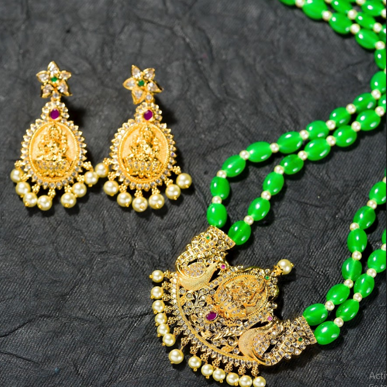 Women's Green Beads Chain Set Gold Plated