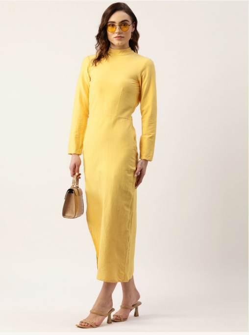 Women's Yellow Lycra Slit Dress - Khumaar-Shuchi Bhutani