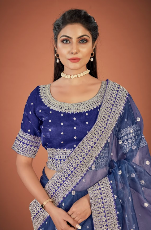 Women's Chandani Blue Organza Saree  - Vamsee
