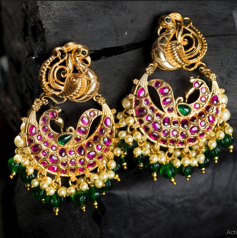 Women's Gold Plated Contemporary Chandbalis Earrings With Emerald Droppings
