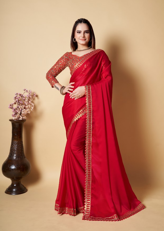 Women's Moni Lace Red Satin Saree  - Vamsee