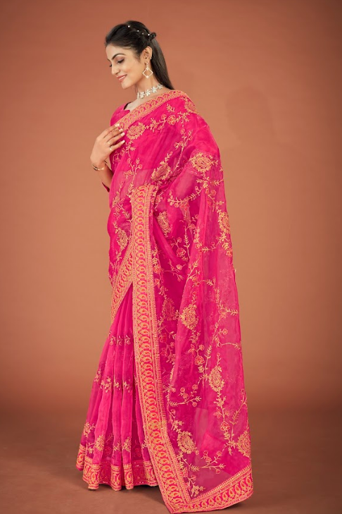 Women's Deepika Pink Organza Saree  - Vamsee
