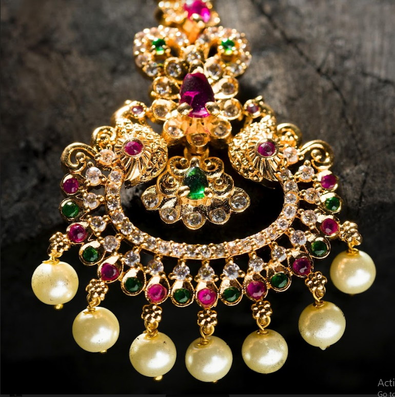 Women's Gold Plated Cz Peacock Maang Tika