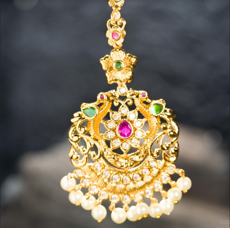 Women's Gold Plated Pink Green Rich Maang Tika For And Girls With Pearl Droppings
