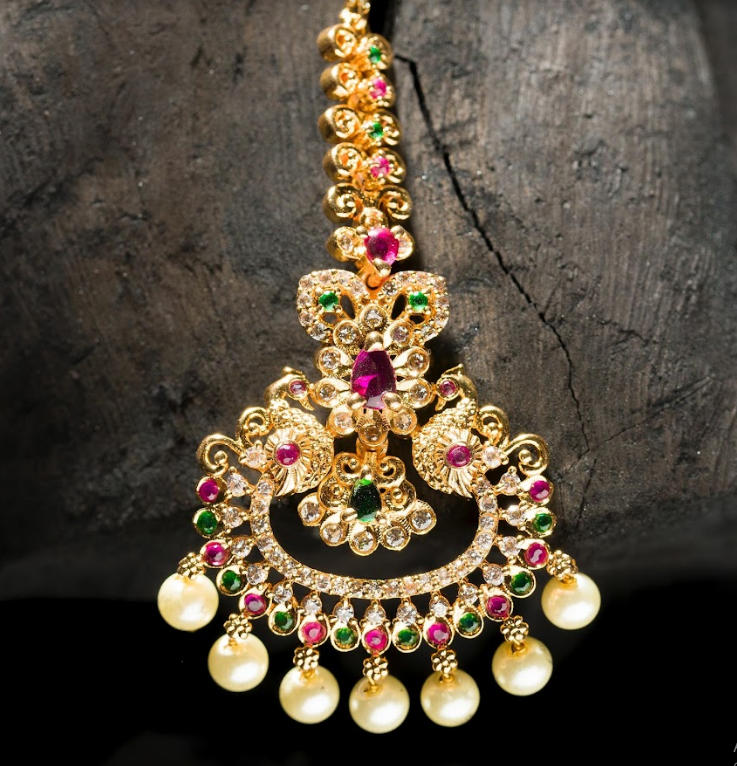 Women's Gold Plated Cz Peacock Maang Tika