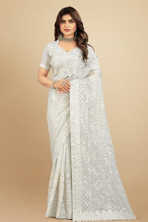 Women's Vaani White Georgette Saree
