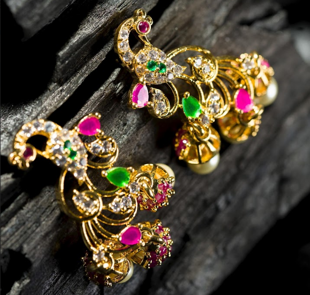 Women's Gold Plated Contemporary Peacock Jumki Earrings