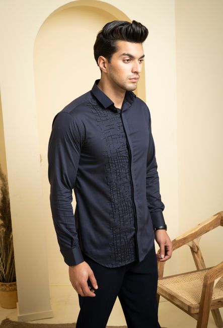 Men's Navy Blue Color Diam Full Sleeves Shirt - Hilo Design