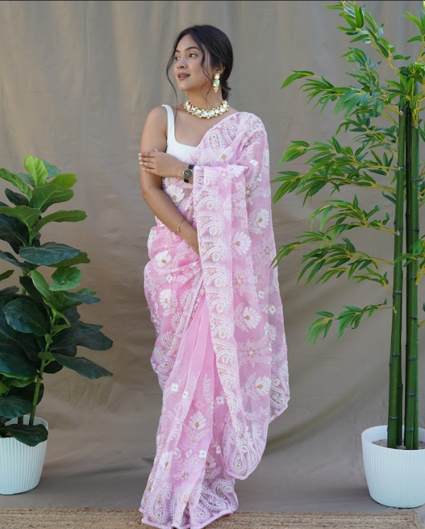 Women's Amisha Pink Organza Saree  - Vamsee