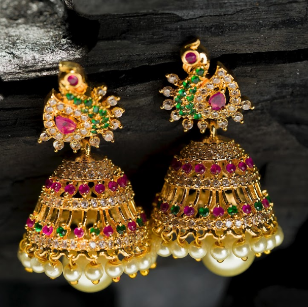 Women's Gold Plated Contemporary Peacock Cz Jumki Hanging Earrings