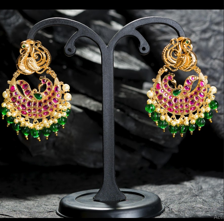 Women's Gold Plated Contemporary Chandbalis Earrings With Emerald Droppings