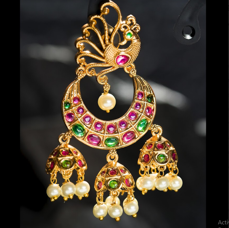Women's Gold Plated 3 Hanging Chandbali Earrings