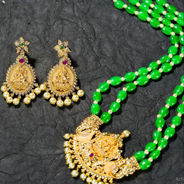 Women's Green Beads Chain Set Gold Plated