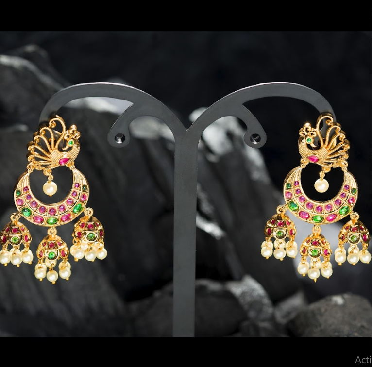 Women's Gold Plated 3 Hanging Chandbali Earrings