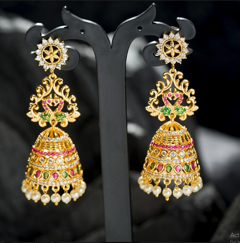 Women's Gold Plated Contemporary Stone Long Jumki Earrings