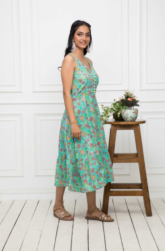 Women's Green Floral Cotton A-Line Round Neck Long Dress - Myshka