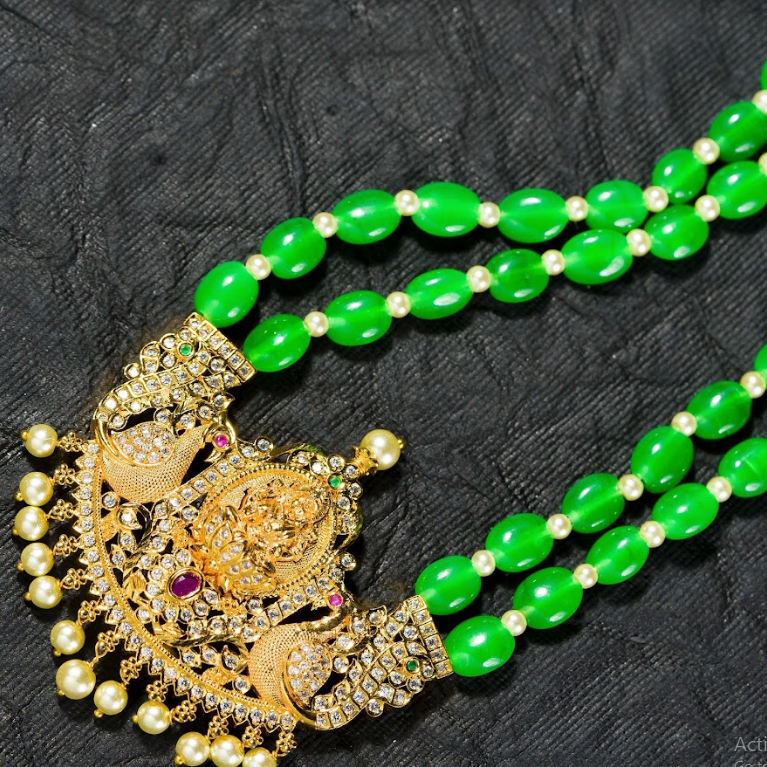 Women's Green Beads Chain Set Gold Plated