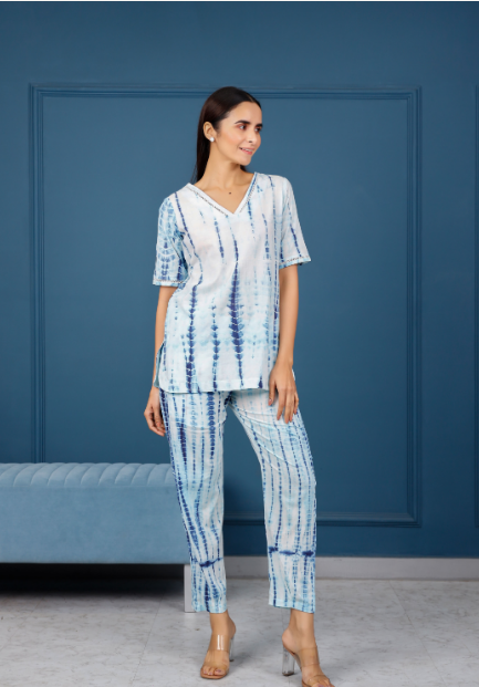 Women's White With Blue Shibhori Hand Printed Top With Pants