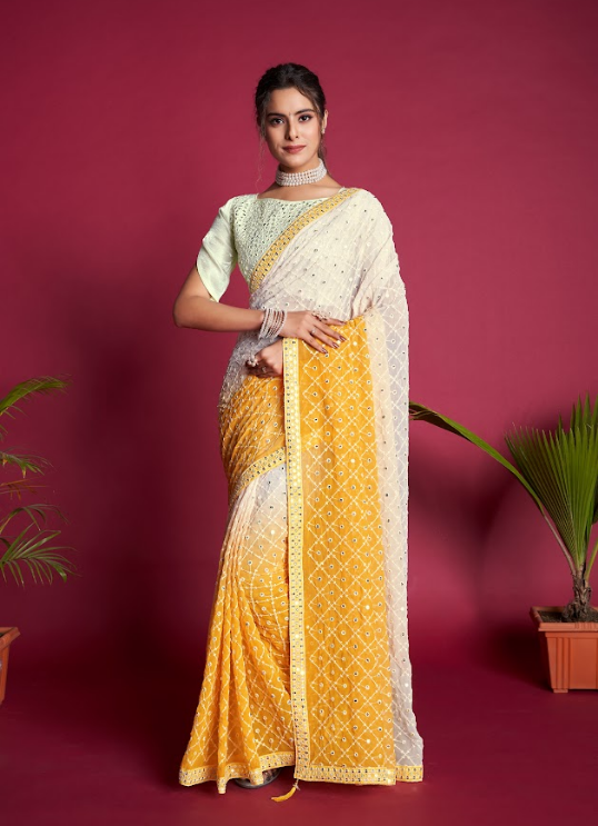 Women's Yellow Sequence Yellow Georgette Saree  - Vamsee