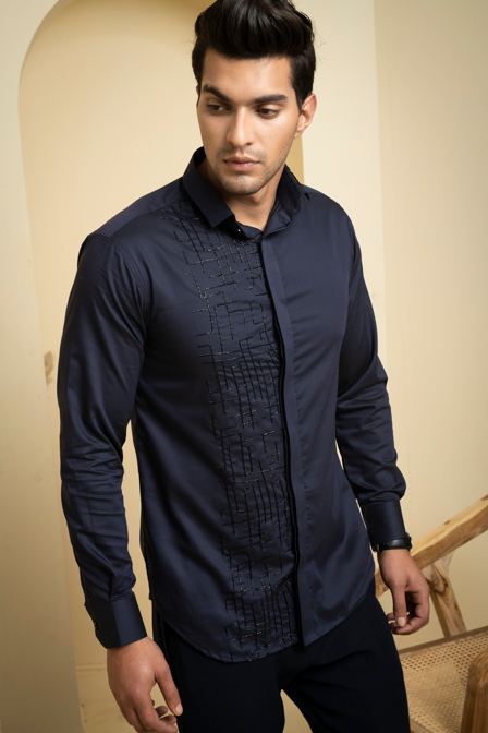 Men's Navy Blue Color Diam Full Sleeves Shirt - Hilo Design