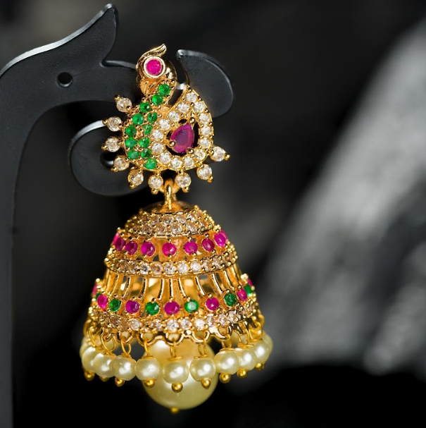 Women's Gold Plated Contemporary Peacock Cz Jumki Hanging Earrings