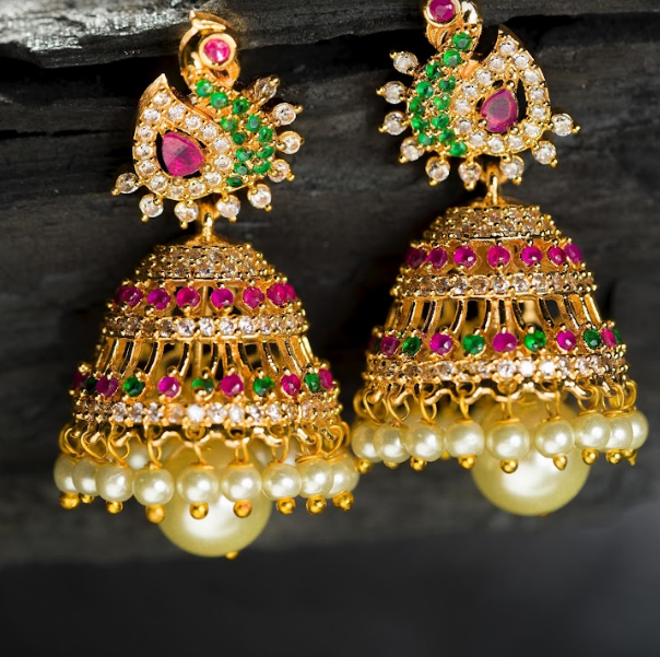 Women's Gold Plated Contemporary Peacock Cz Jumki Hanging Earrings