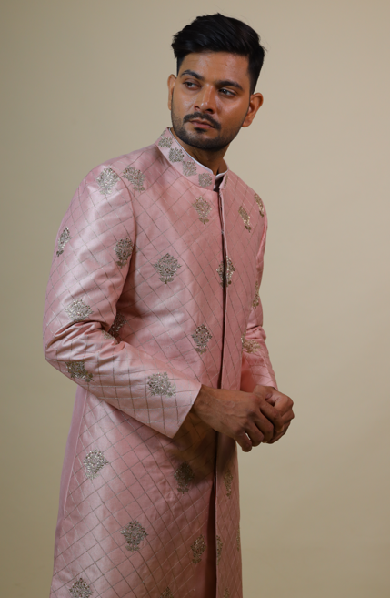 Men's Light Coral Embroidered Designer Sherwani