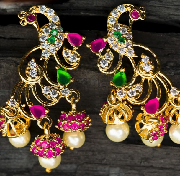 Women's Gold Plated Contemporary Peacock Jumki Earrings