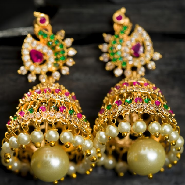 Women's Gold Plated Contemporary Peacock Cz Jumki Hanging Earrings