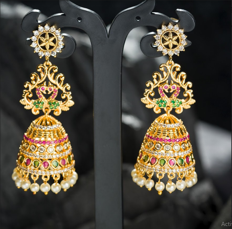Women's Gold Plated Contemporary Stone Long Jumki Earrings