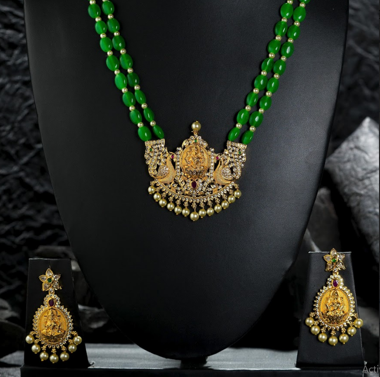 Women's Green Beads Chain Set Gold Plated