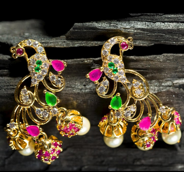Women's Gold Plated Contemporary Peacock Jumki Earrings