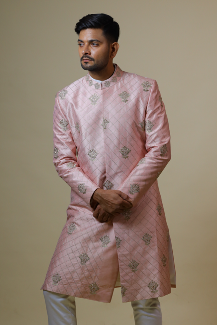 Men's Light Coral Embroidered Designer Sherwani
