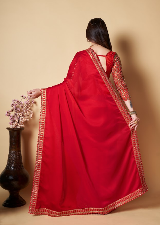 Women's Moni Lace Red Satin Saree  - Vamsee
