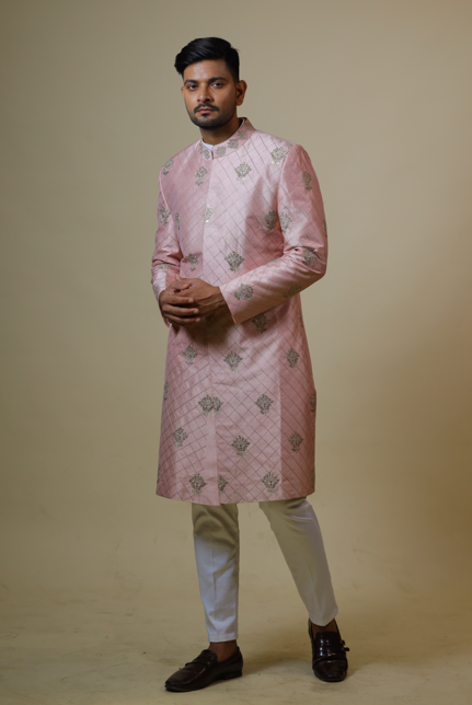 Men's Light Coral Embroidered Designer Sherwani