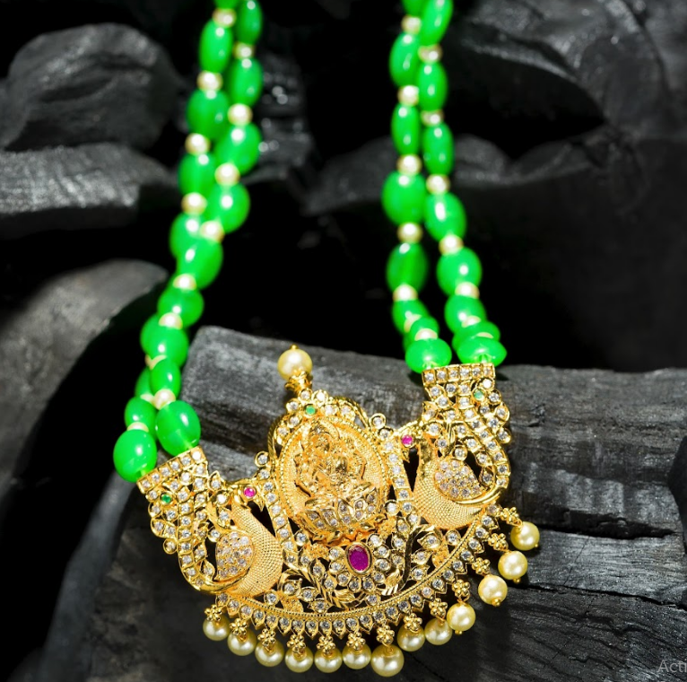 Women's Green Beads Chain Set Gold Plated