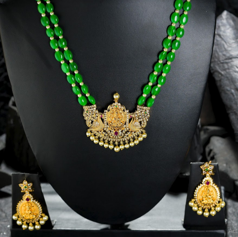 Women's Green Beads Chain Set Gold Plated