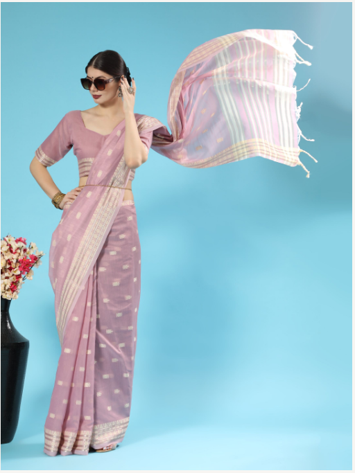Women's Purple Woven Lucknowi Cotton Saree with Tassels - Vishnu Weaves