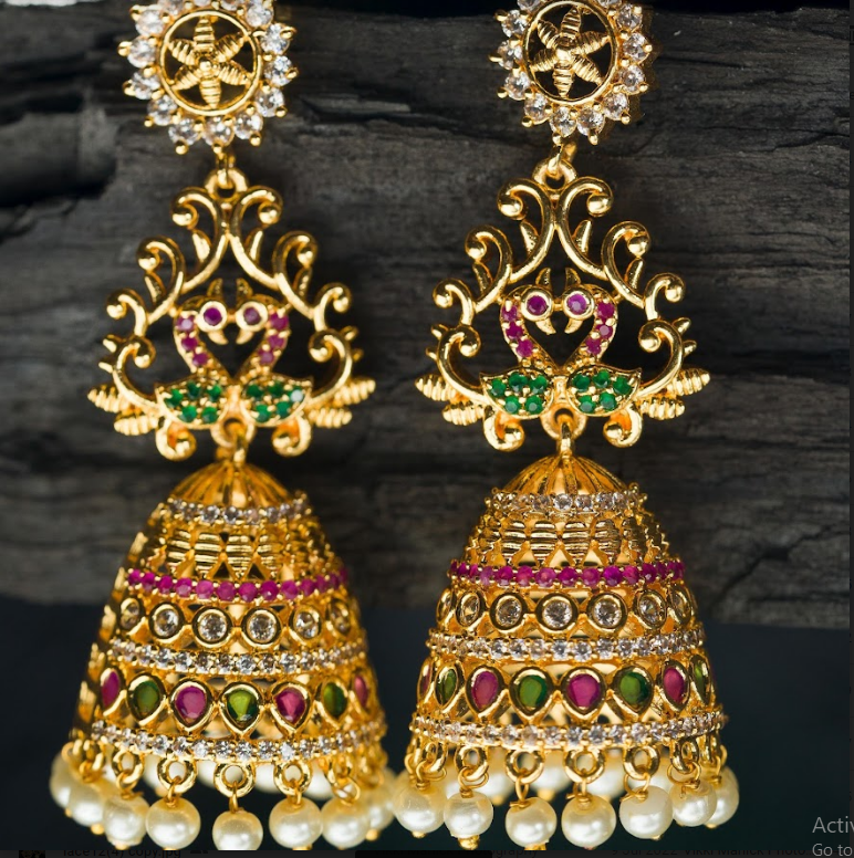Women's Gold Plated Contemporary Stone Long Jumki Earrings