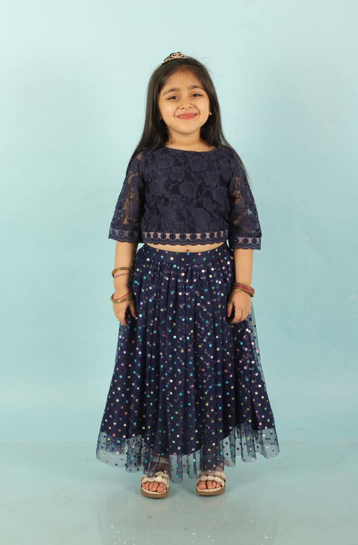 Girl's Lace Top With Organzar Embroidered Lace Details, Mesh With Rainbow Foil Print-Navy - Lil Peacock