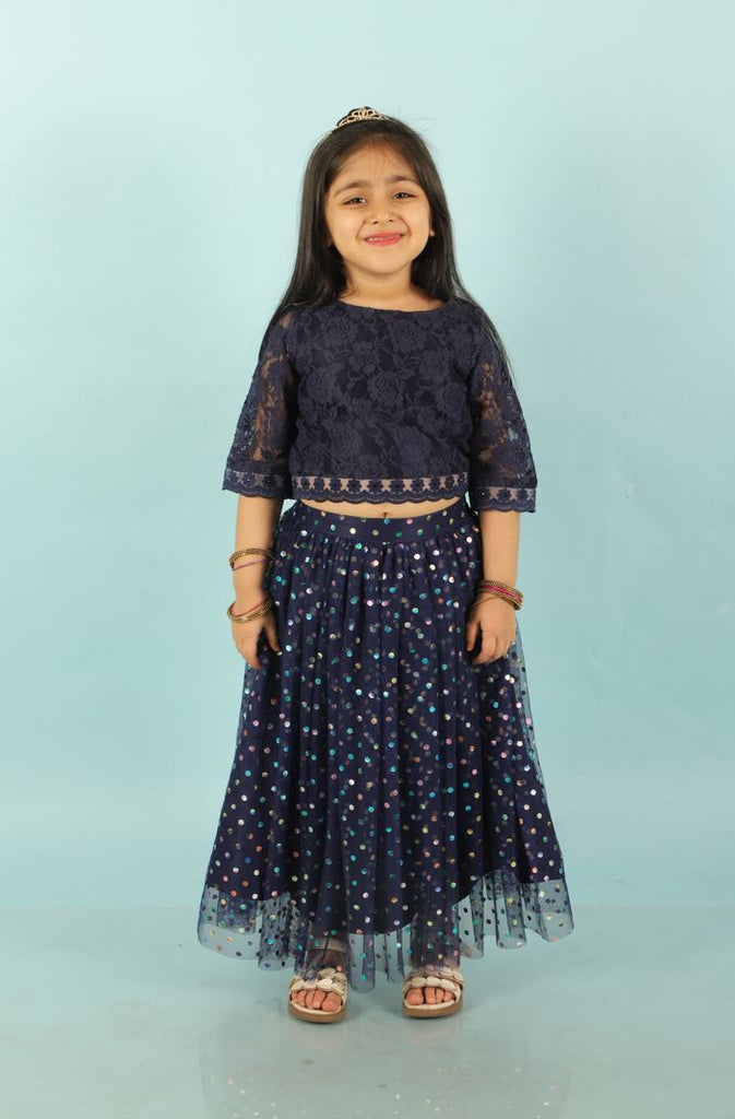 Girl's Lace Top With Organzar Embroidered Lace Details, Mesh With Rainbow Foil Print-Navy